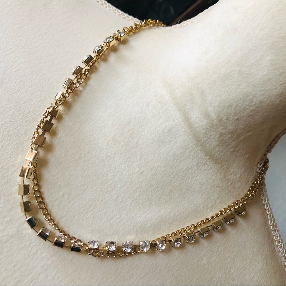 Double strand gold chain clear rhinestone necklace